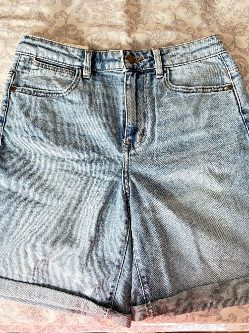 Wrangler Light Blue Denim Shorts with Tan Stitching